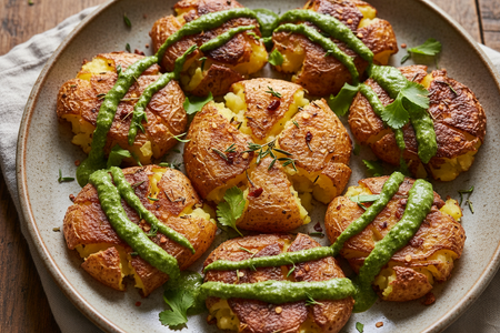 Crispy Smashed Potatoes with Chutney Drizzle